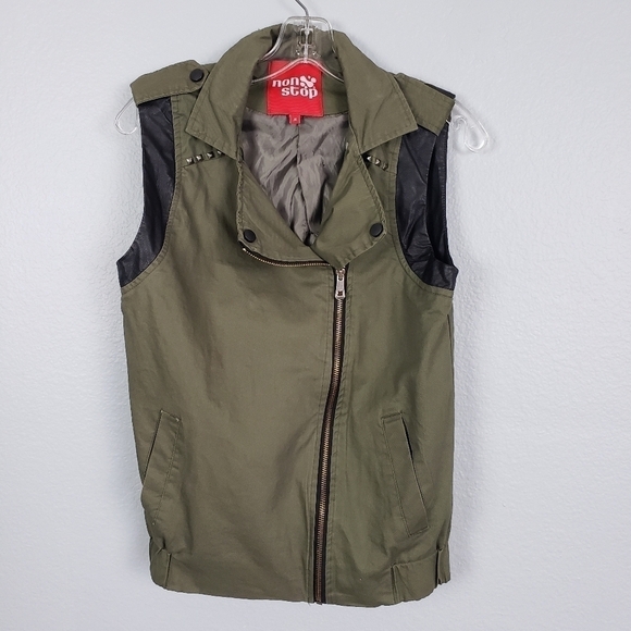 NON STOP Army Green Studded Vest Sz M - Picture 2 of 9